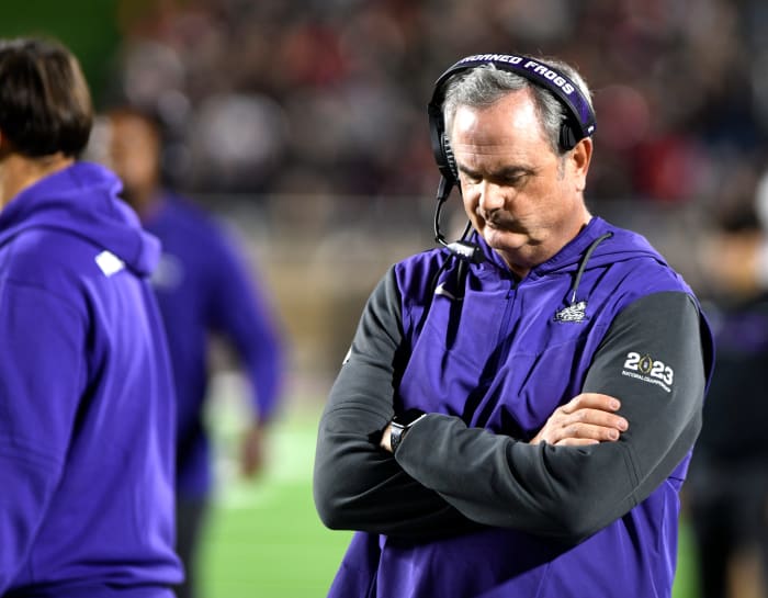 TCU's head coach Sonny Dykes makes a face during the Big 12 football game against Texas Tech, Thursday, Nov. 2, 2023, at Jones AT&T Stadium.